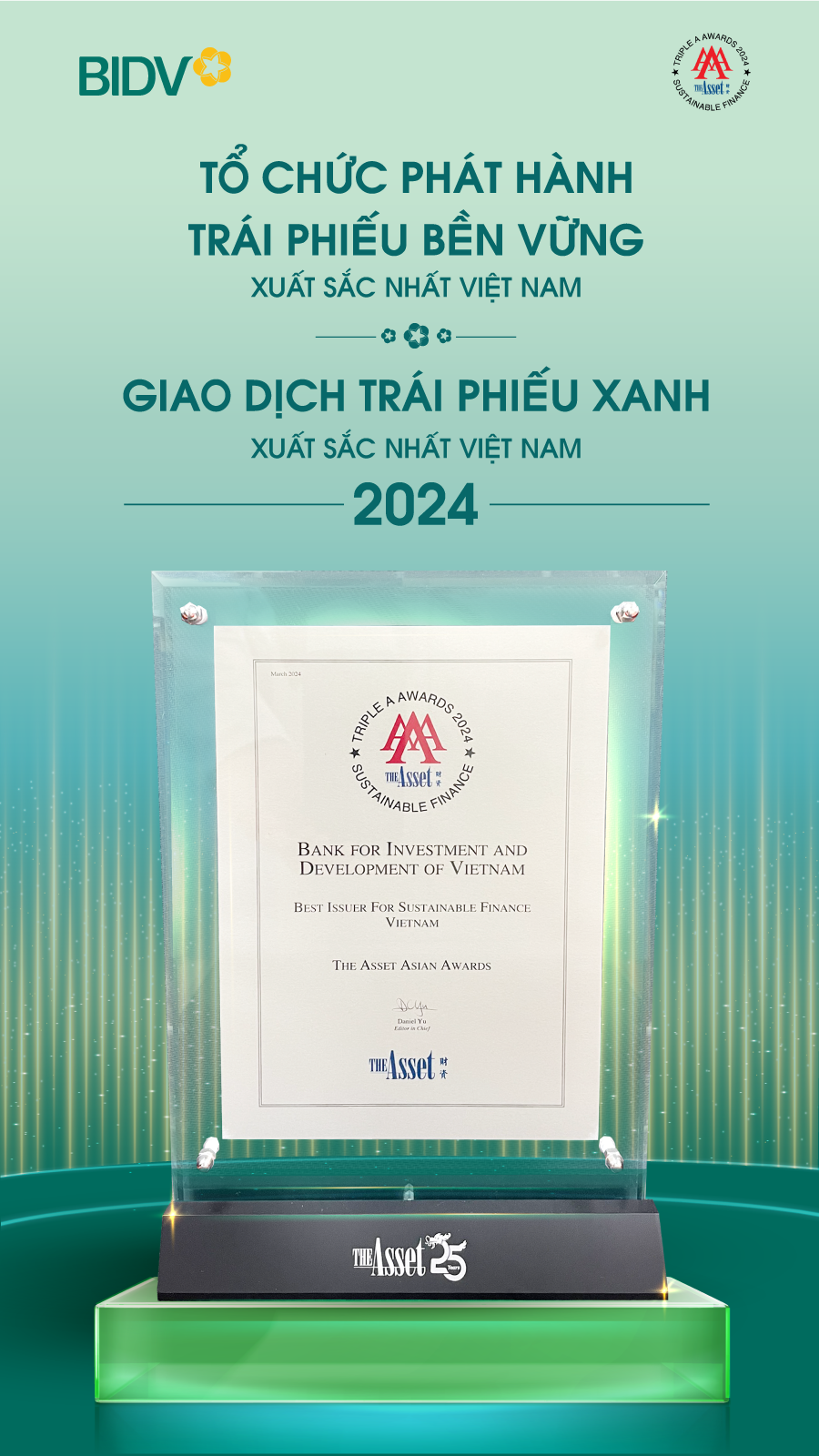 BIDV được vinh danh trong lĩnh vực tài chính bền vững BIDV được vinh danh trong lĩnh vực tài chính bền vững