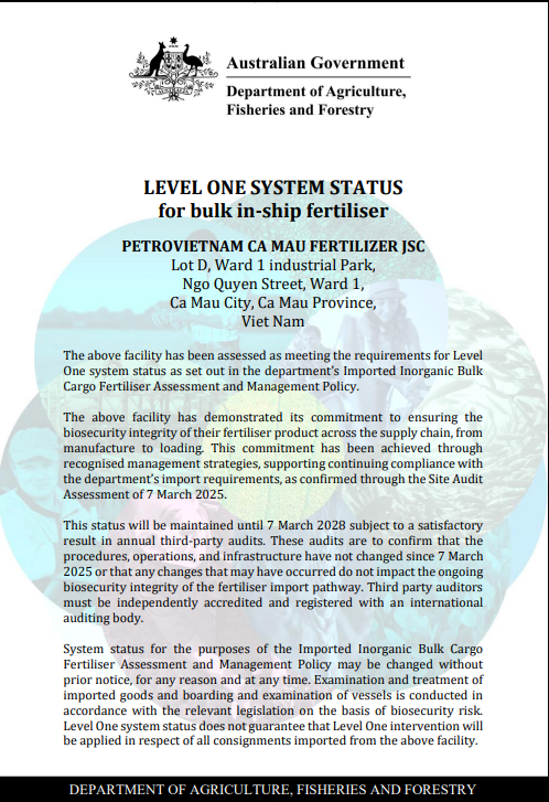 PVCFC được Úc công nhận đạt chuẩn cao nhất về xuất khẩu phân bón