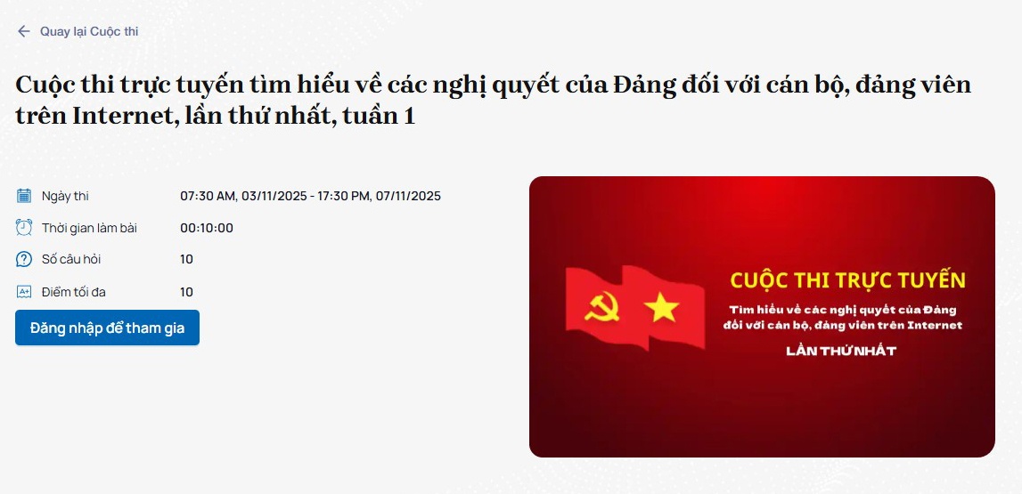 Cuộc thi trực tuyến tìm hiểu về các nghị quyết của Đảng đối với cán bộ, đảng viên trên Internet, lần thứ nhất, tuần 1 đang diễn ra Cuộc thi trực tuyến tìm hiểu về các nghị quyết của Đảng đối với cán bộ, đảng viên trên Internet, lần thứ nhất, tuần 1 đang diễn ra