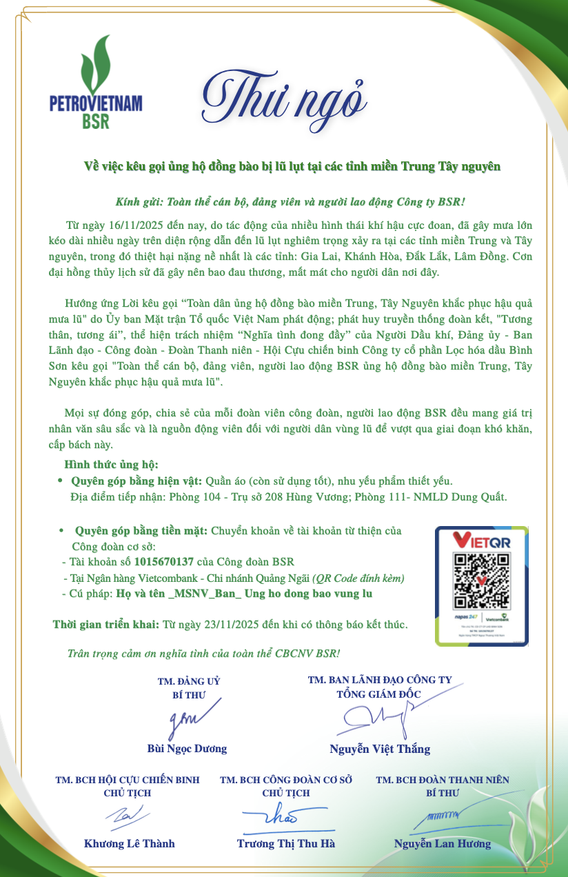 BSR kêu gọi ủng hộ đồng bào bị lũ lụt tại các tỉnh miền Trung Tây Nguyên