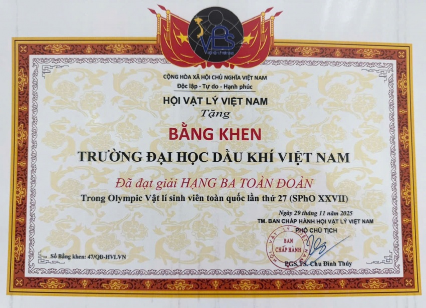 Đội tuyển PVU đạt giải Ba toàn đoàn tại Kỳ thi Olympic Vật lý sinh viên toàn quốc năm 2025