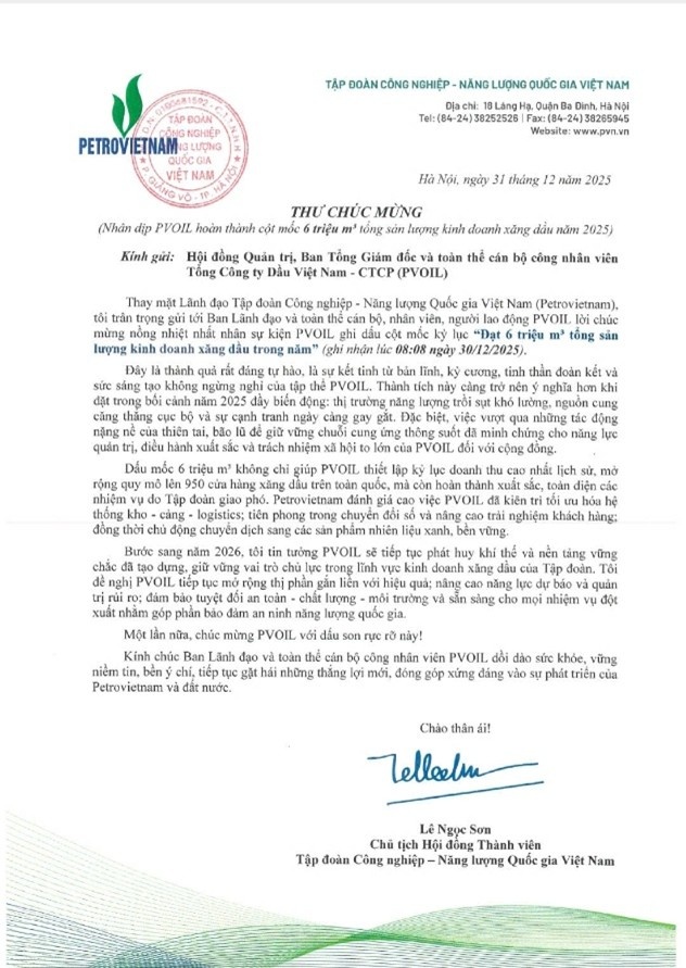 Chủ tịch HĐTV Petrovietnam Lê Ngọc Sơn gửi thư chúc mừng PVOIL nhân dịp đạt mốc sản lượng 6 triệu m3 Chủ tịch HĐTV Petrovietnam Lê Ngọc Sơn gửi thư chúc mừng PVOIL nhân dịp đạt mốc sản lượng 6 triệu m3