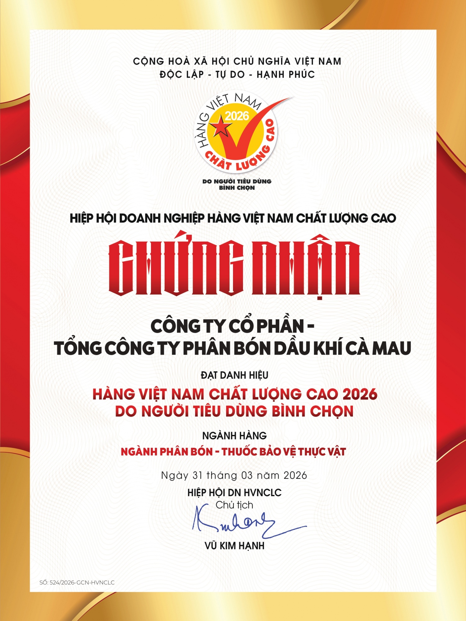 Phân bón Cà Mau giữ vững danh hiệu Hàng Việt Nam chất lượng cao năm 2026