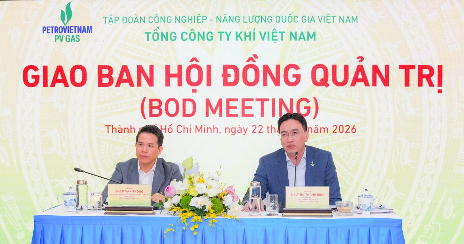 Đồng chí Nguyễn Thanh Bình, Bí thư Đảng ủy, Chủ tịch HĐQT và đồng chí Phạm Văn Phong, Phó Bí thư Đảng ủy, Thành viên HĐQT, Tổng Giám đốc PV GAS chủ trì Giao ban HĐQT (BOD Meeting)
