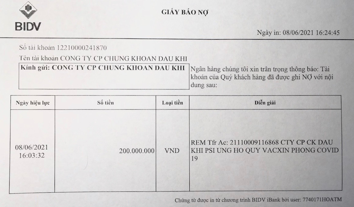 PSI ủng hộ 200 triệu đồng vào Quỹ vắc-xin phòng Covid-19