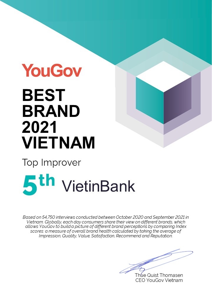 VietinBank lọt Top 5 thương hiệu tăng trưởng sức mạnh nhanh nhất Việt Nam 2021