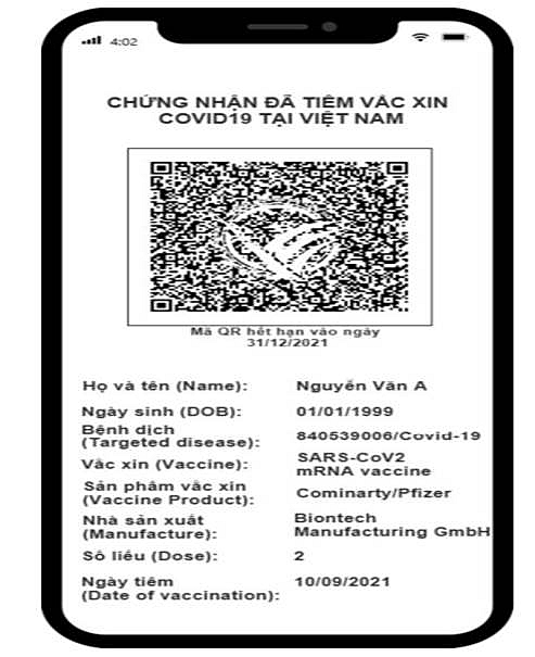 Minh họa Chứng nhận điện tử đã tiêm vaccine COVID-19 của Việt Nam trên thiết bị di động.